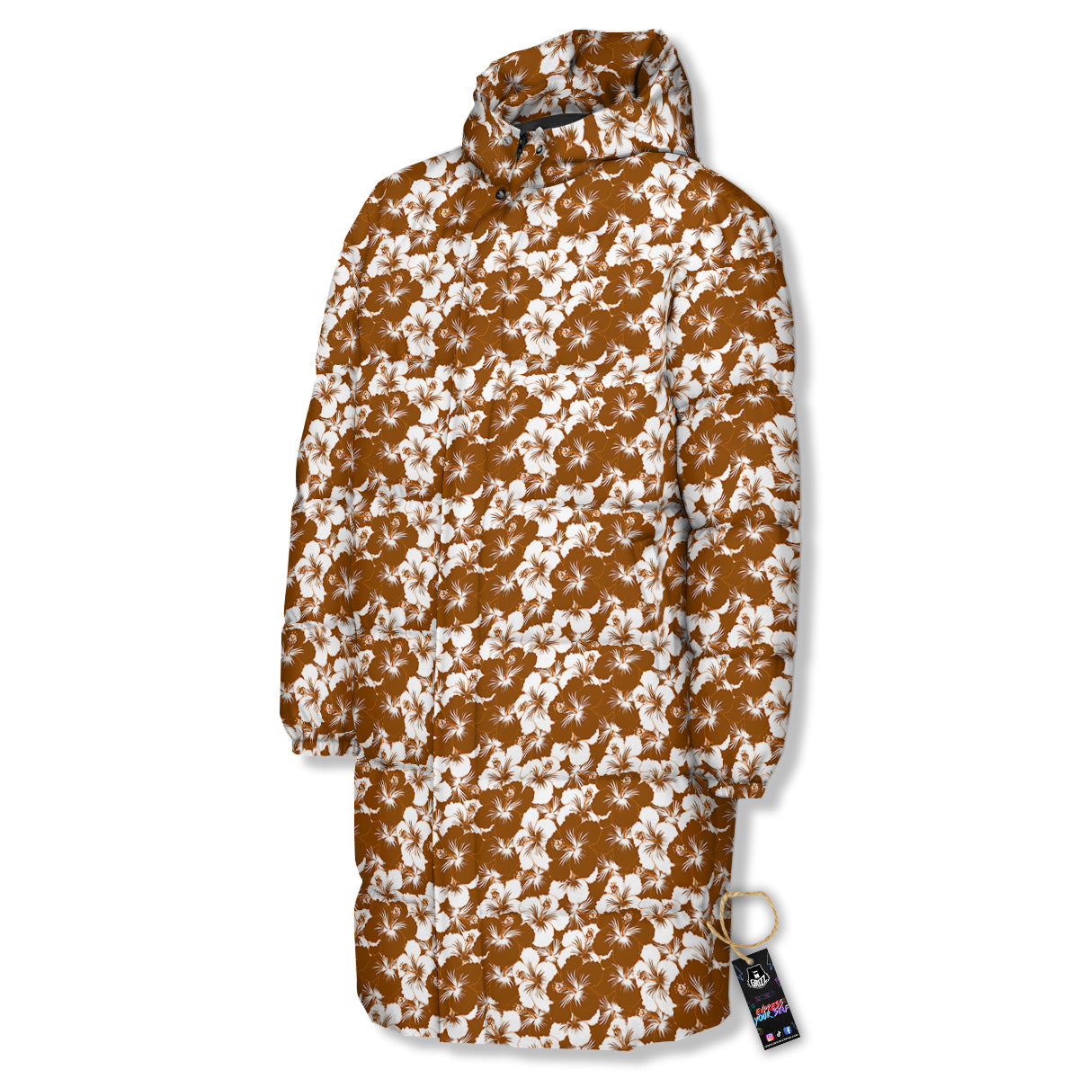Hibiscus Flower Brown Camo Print Long Down Jacket-grizzshop