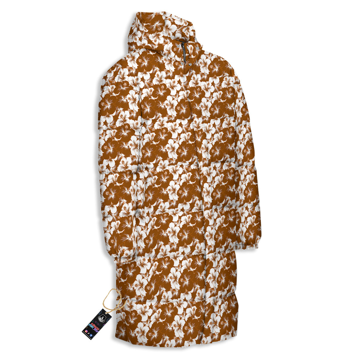 Hibiscus Flower Brown Camo Print Long Down Jacket-grizzshop