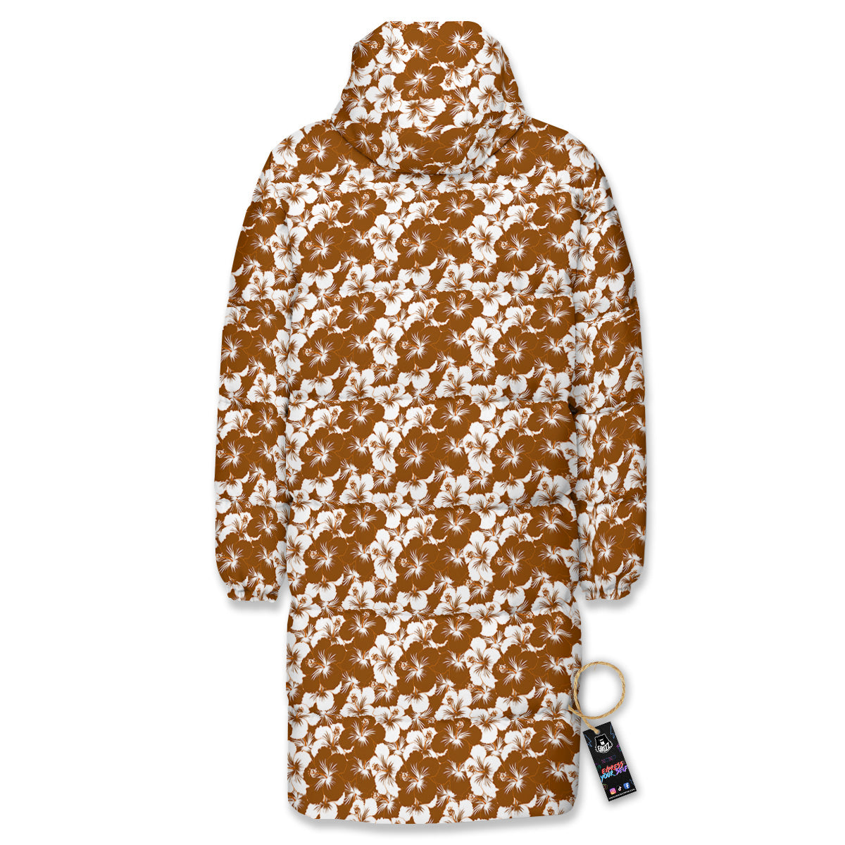 Hibiscus Flower Brown Camo Print Long Down Jacket-grizzshop