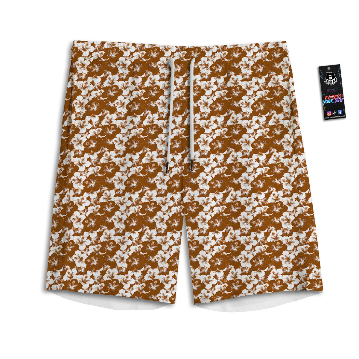 Hibiscus Flower Brown Camo Print Men's Athletic Shorts