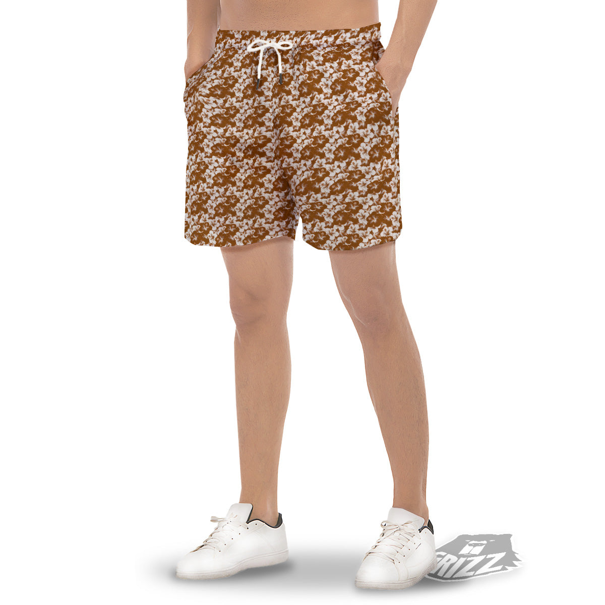 Hibiscus Flower Brown Camo Print Men's Gym Shorts-grizzshop
