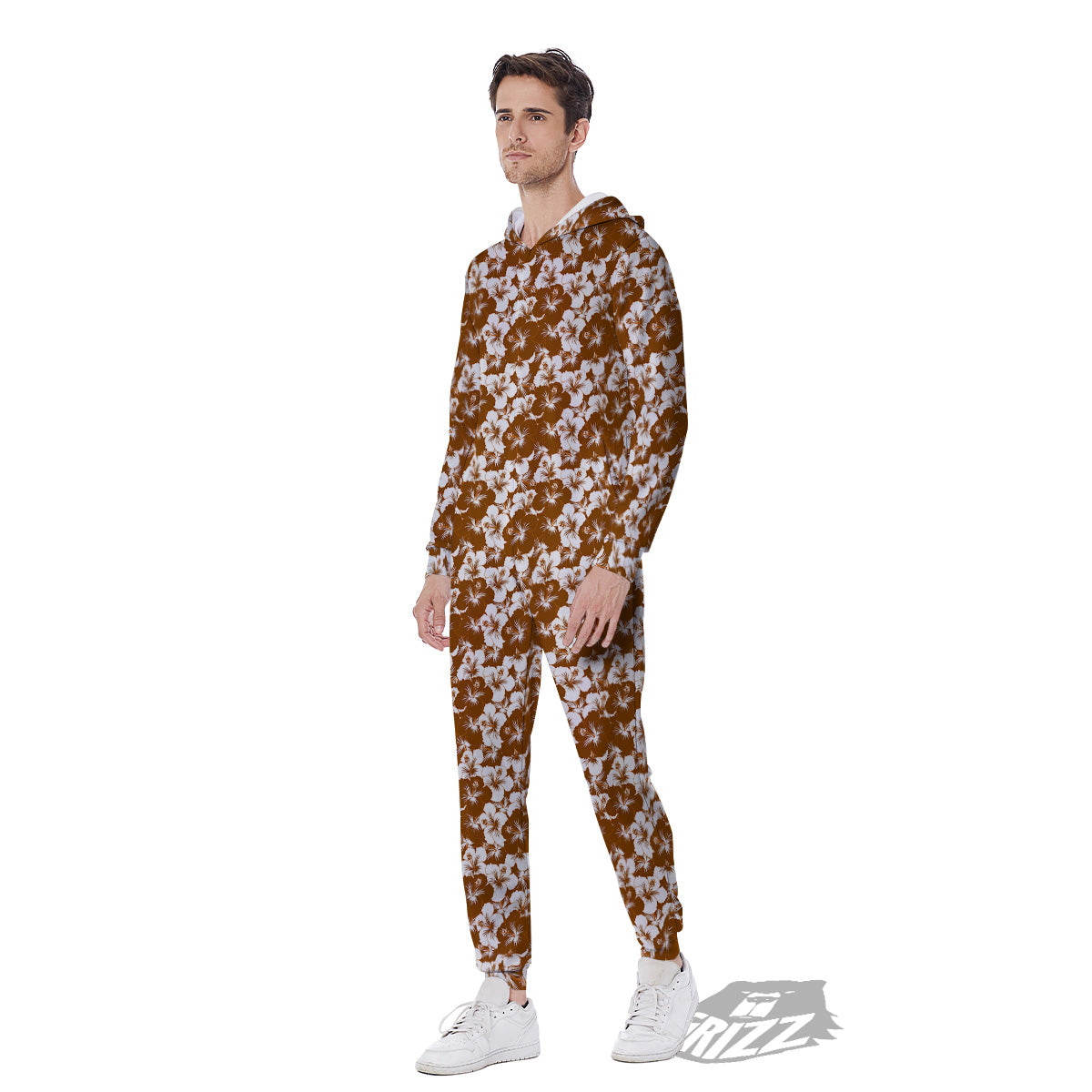Hibiscus Flower Brown Camo Print Men's Jumpsuit-grizzshop