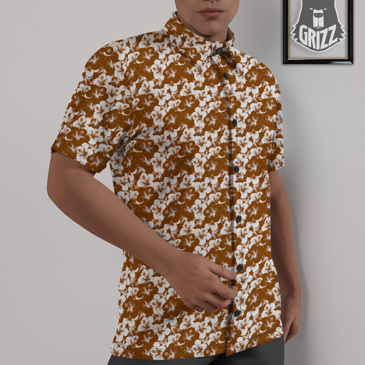 Hibiscus Flower Brown Camo Print Untucked Shirts-grizzshop