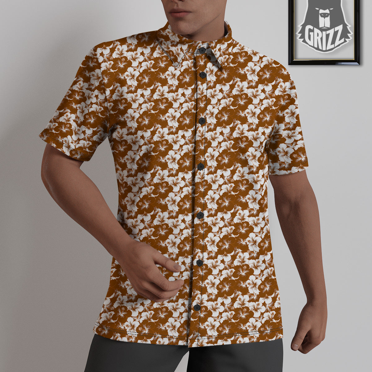 Hibiscus Flower Brown Camo Print Untucked Shirts-grizzshop