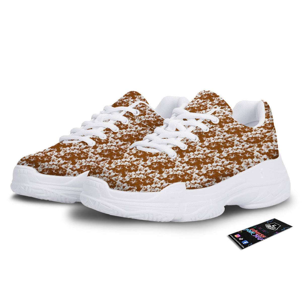 Hibiscus Flower Brown Camo Print White Chunky Shoes-grizzshop