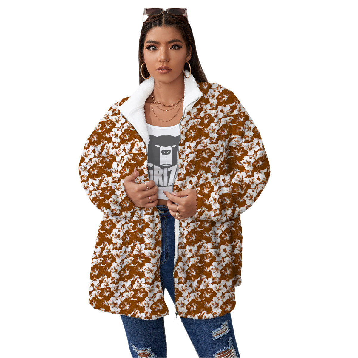 Hibiscus Flower Brown Camo Print Women's Sherpa Jacket-grizzshop