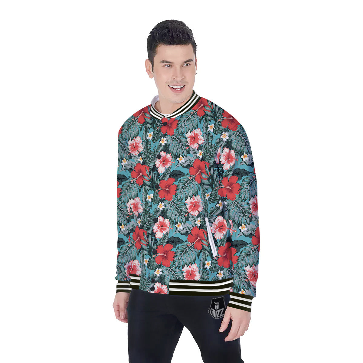 Hibiscus Flowers Tropical Print Pattern Baseball Jacket-grizzshop