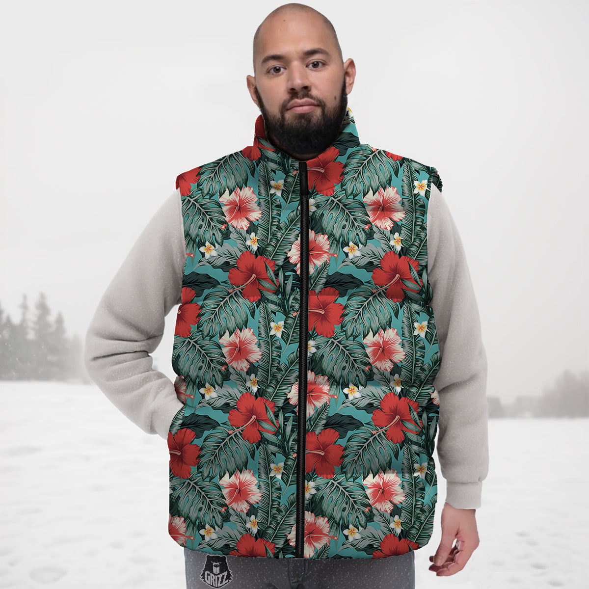 Hibiscus Flowers Tropical Print Pattern Down Vest