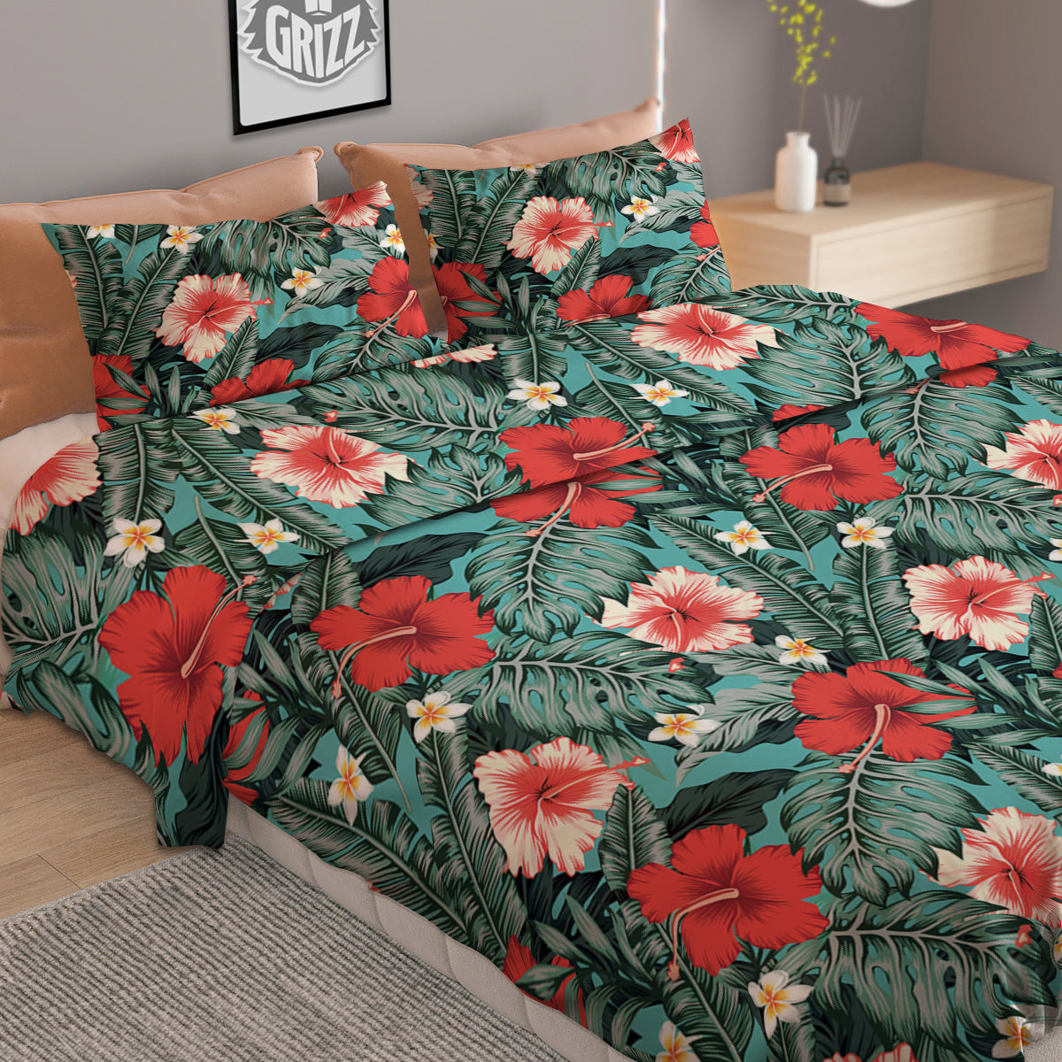 Hibiscus Flowers Tropical Print Pattern Duvet Cover Bedding Set