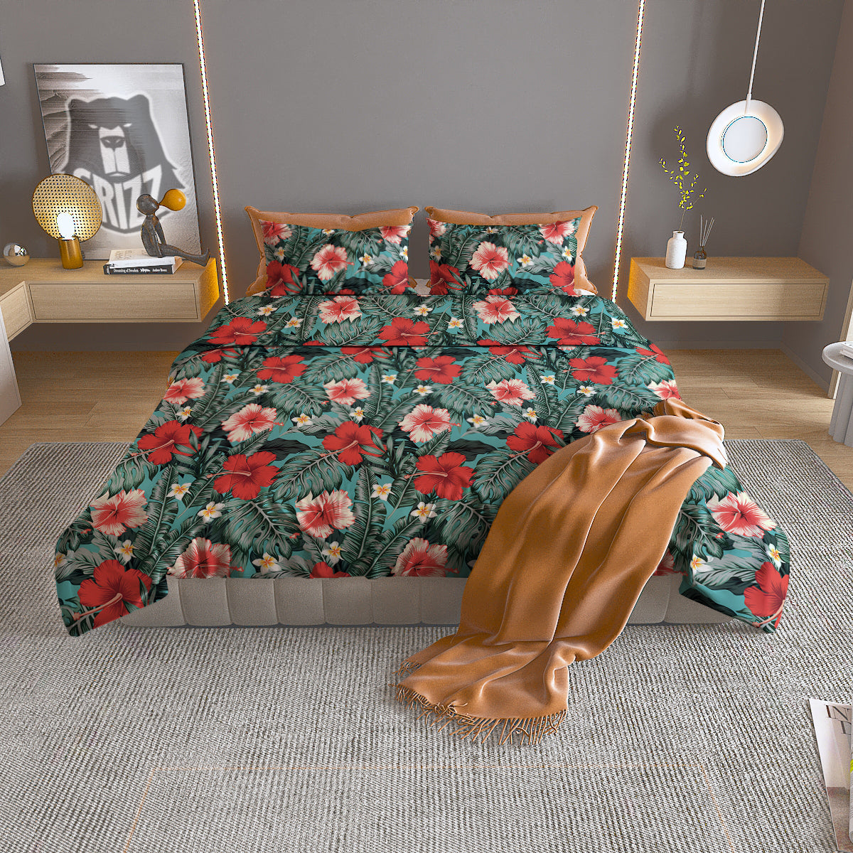 Hibiscus Flowers Tropical Print Pattern Duvet Cover Bedding Set