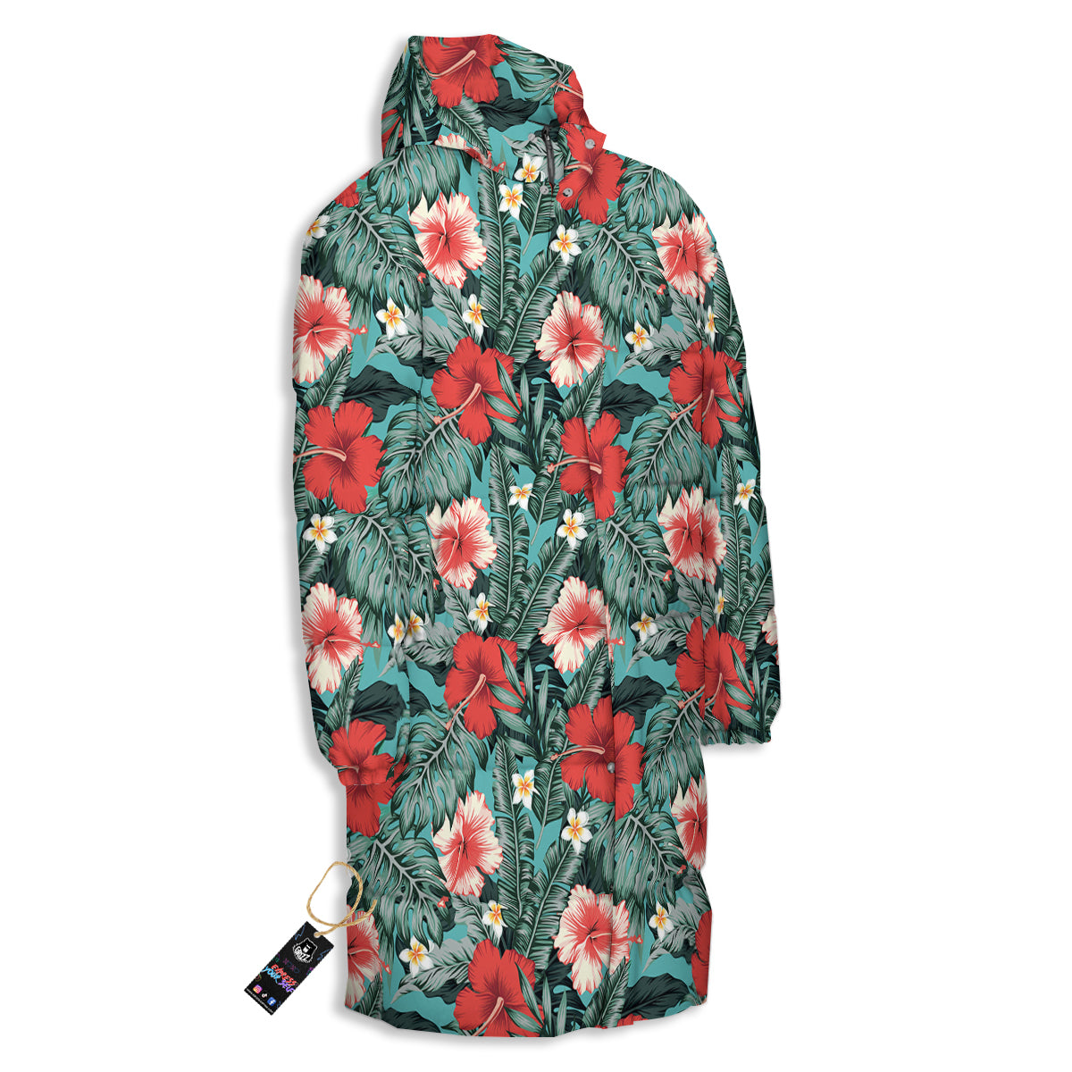 Hibiscus Flowers Tropical Print Pattern Long Down Jacket-grizzshop