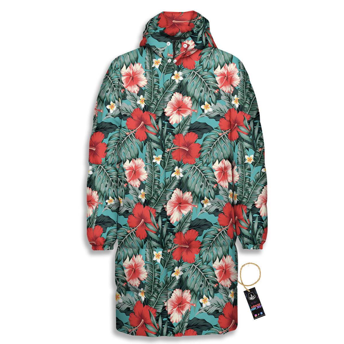Hibiscus Flowers Tropical Print Pattern Long Down Jacket-grizzshop