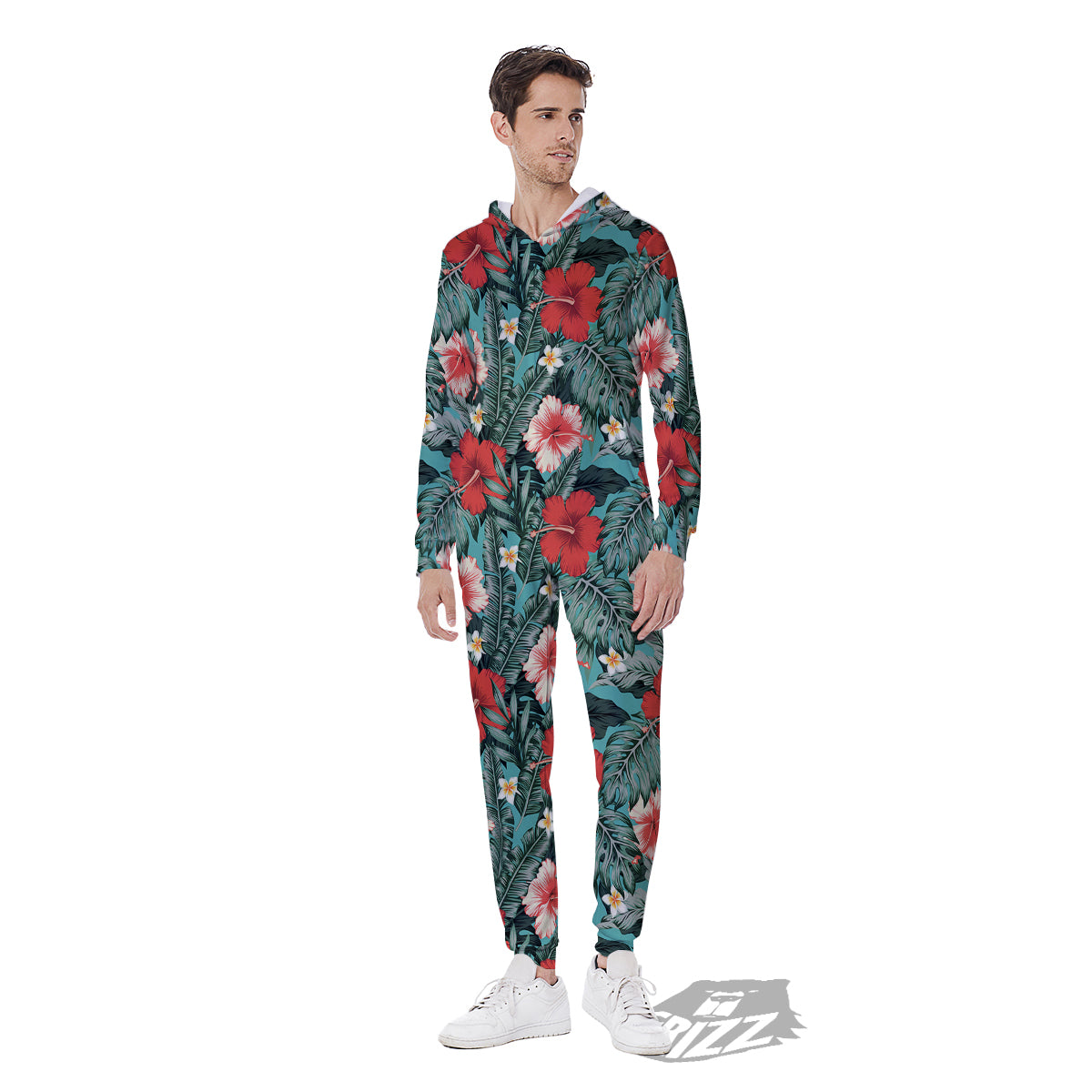 Hibiscus Flowers Tropical Print Pattern Men's Jumpsuit-grizzshop