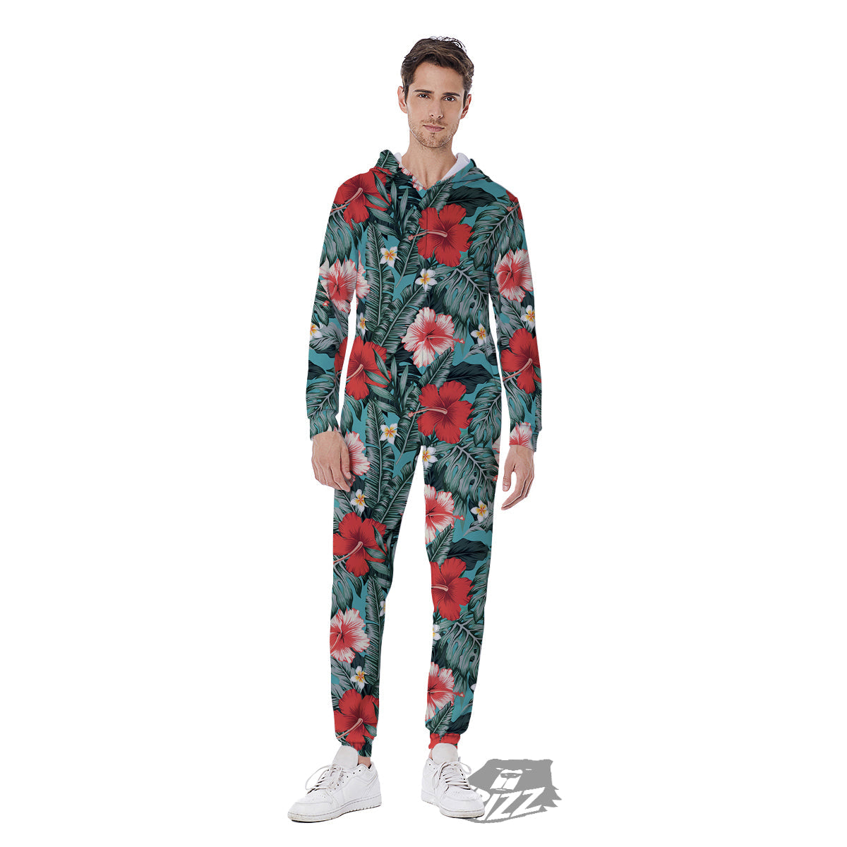 Hibiscus Flowers Tropical Print Pattern Men's Jumpsuit-grizzshop