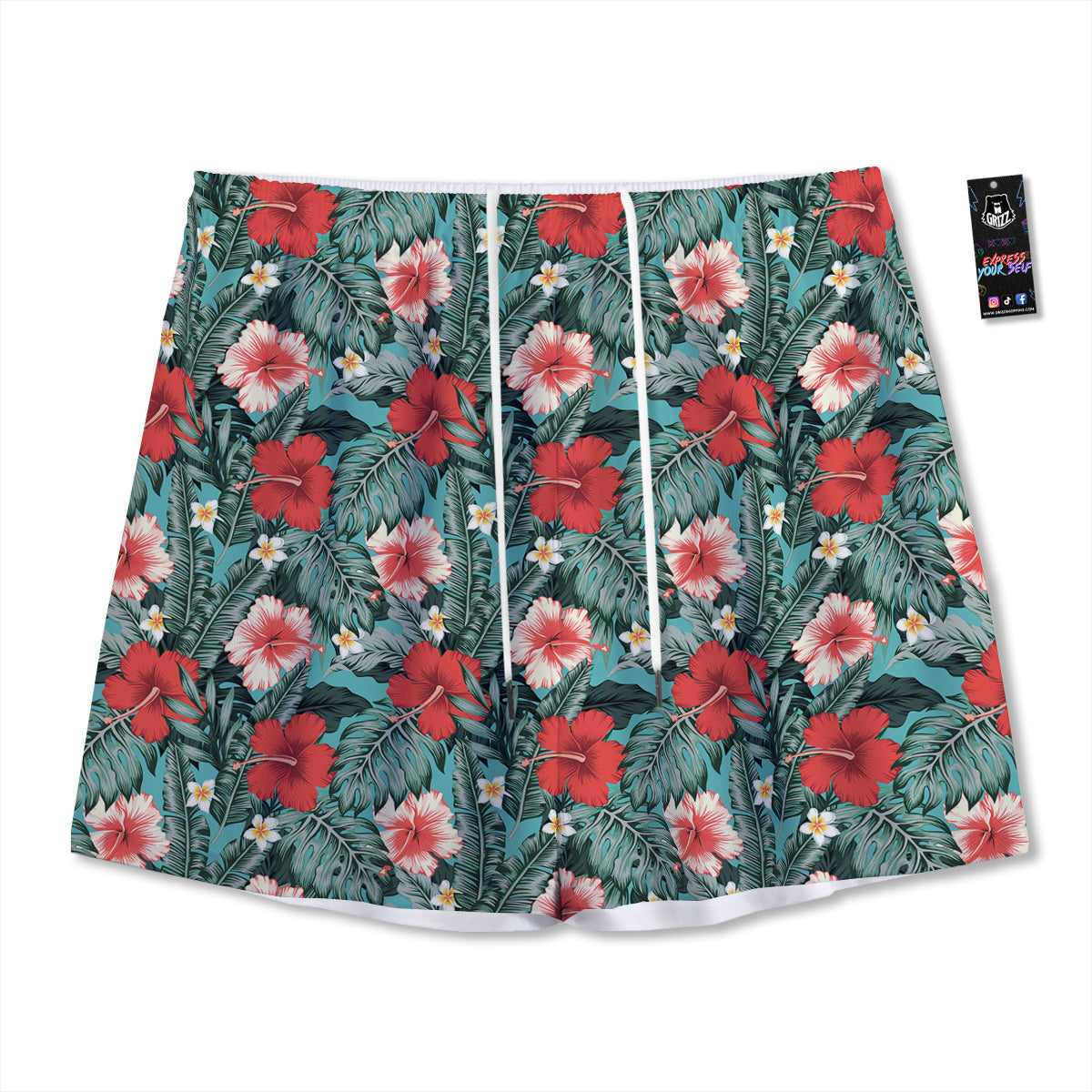Hibiscus Flowers Tropical Print Pattern Mesh Shorts
