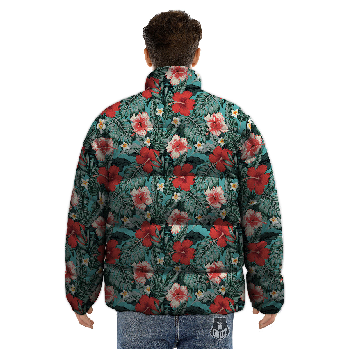 Hibiscus Flowers Tropical Print Pattern Puffer Jacket-grizzshop