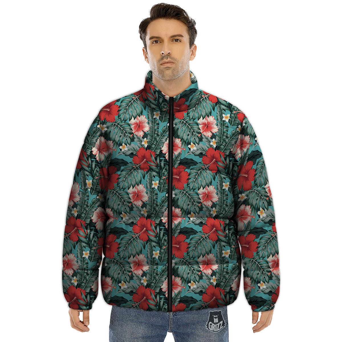 Hibiscus Flowers Tropical Print Pattern Puffer Jacket-grizzshop