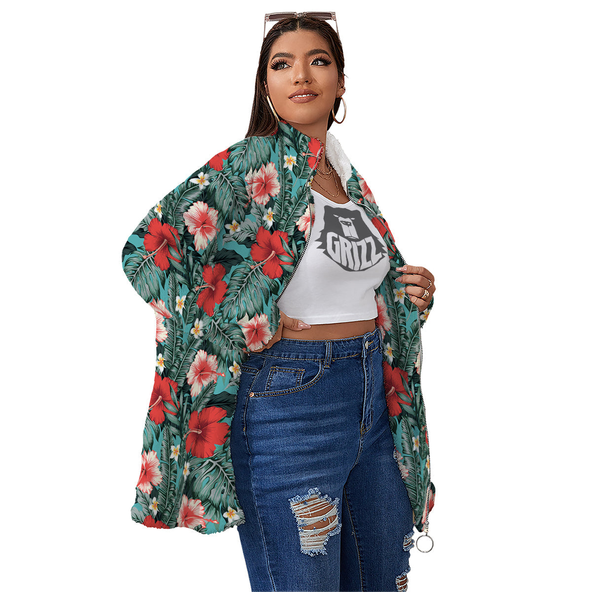 Hibiscus Flowers Tropical Print Pattern Women's Sherpa Jacket-grizzshop