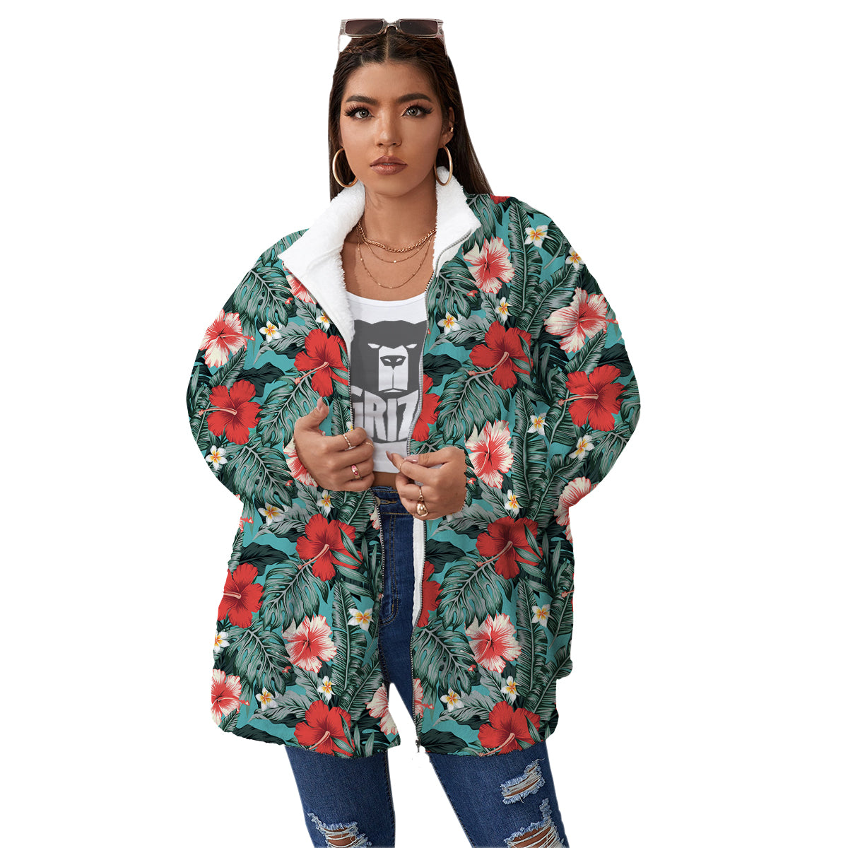 Hibiscus Flowers Tropical Print Pattern Women's Sherpa Jacket-grizzshop