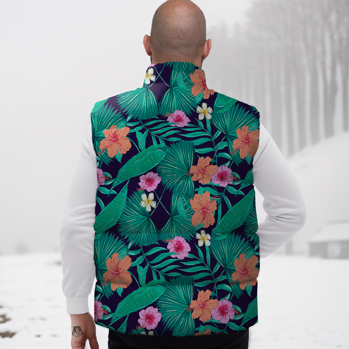 Hibiscus Leaves Tropical Print Pattern Down Vest