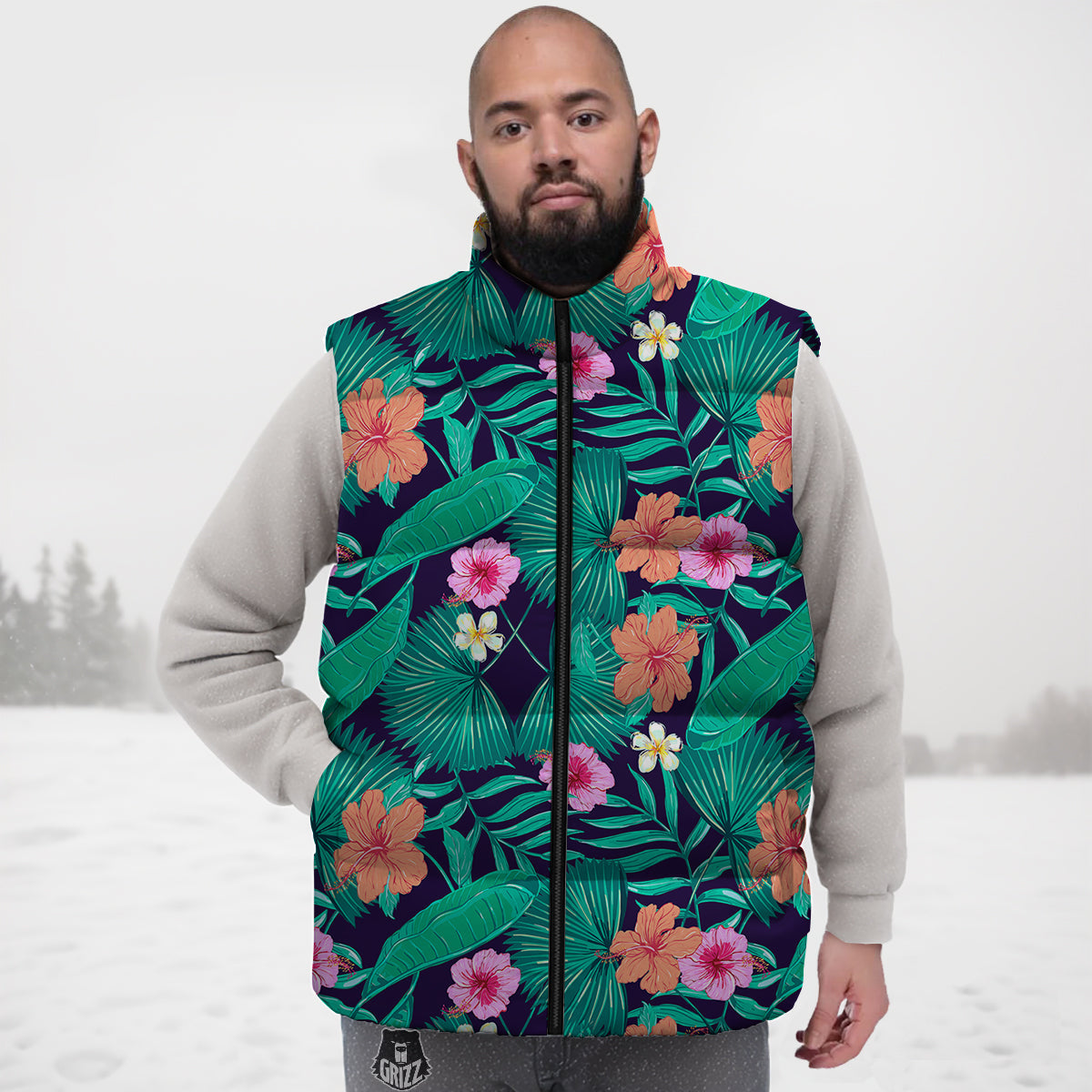 Hibiscus Leaves Tropical Print Pattern Down Vest