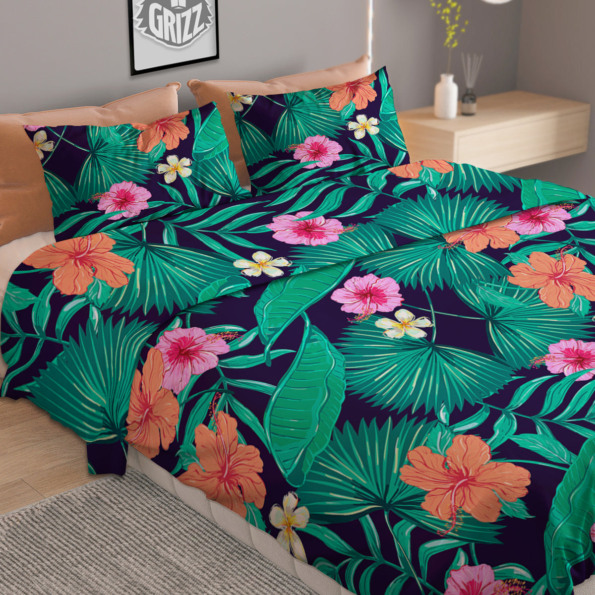 Hibiscus Leaves Tropical Print Pattern Duvet Cover Bedding Set