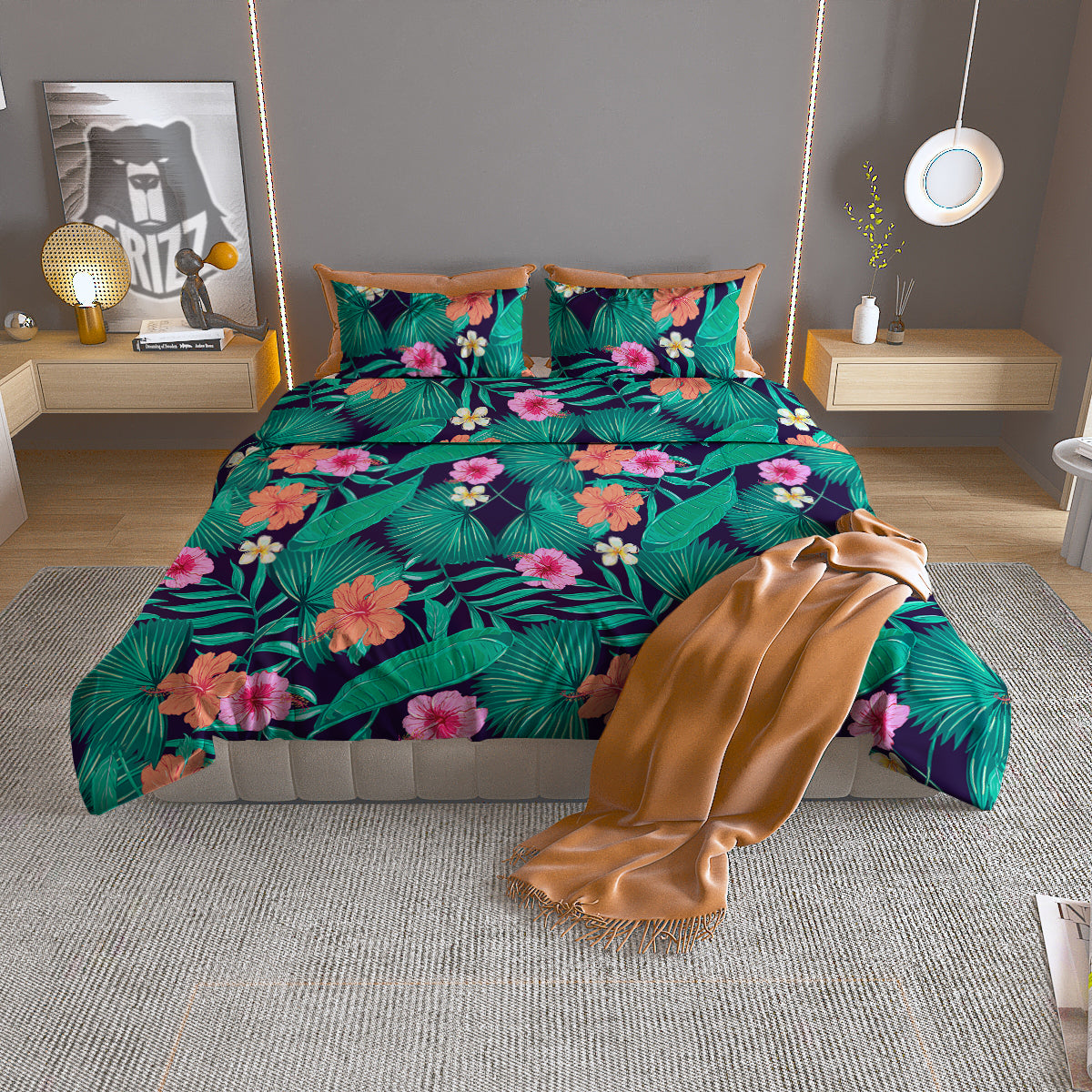 Hibiscus Leaves Tropical Print Pattern Duvet Cover Bedding Set