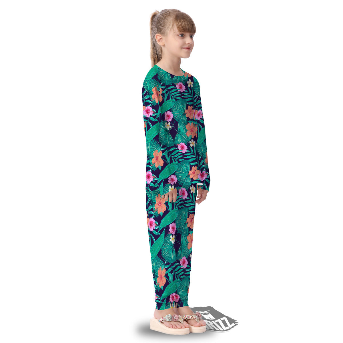 Hibiscus Leaves Tropical Print Pattern Kid's Pajamas-grizzshop