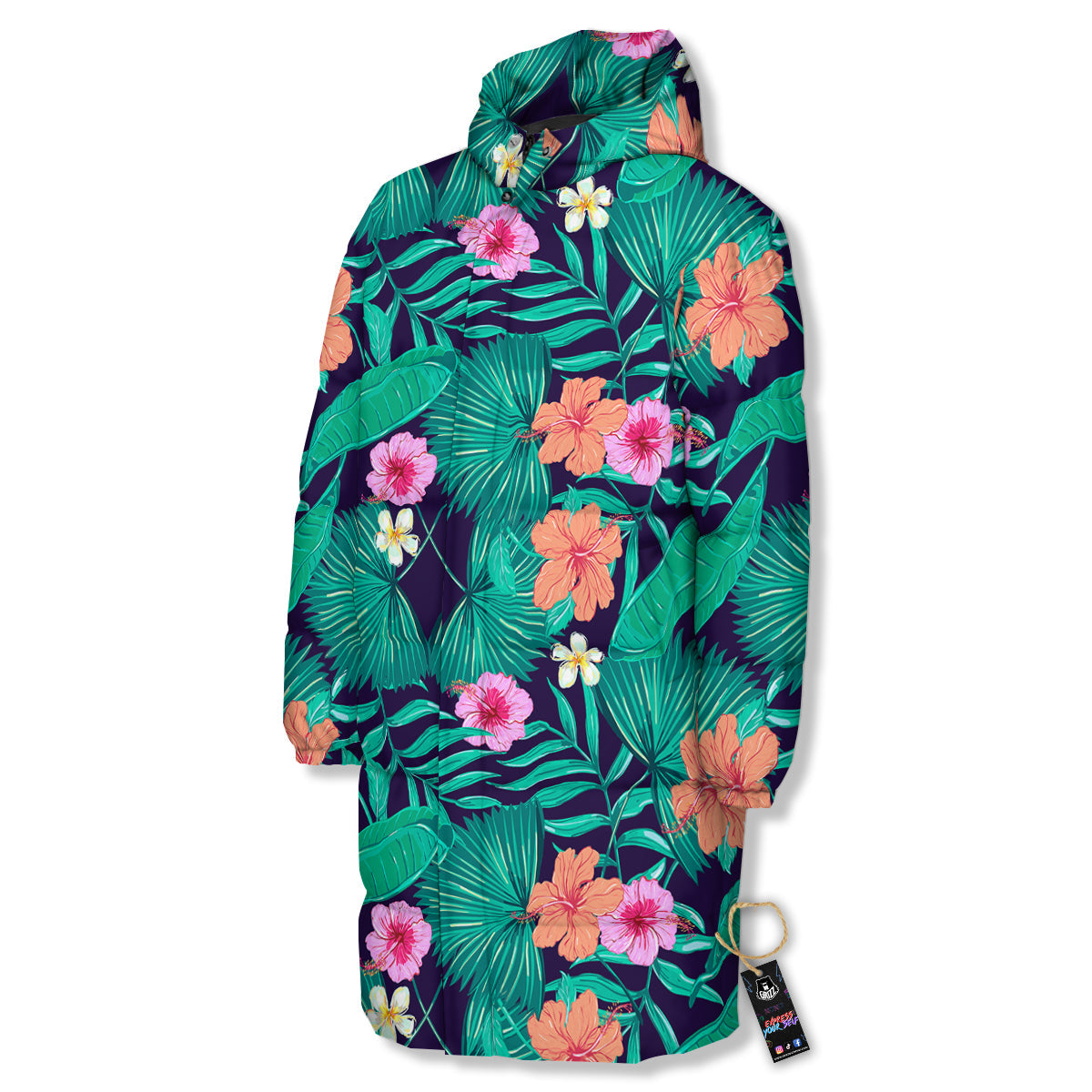 Hibiscus Leaves Tropical Print Pattern Long Down Jacket-grizzshop
