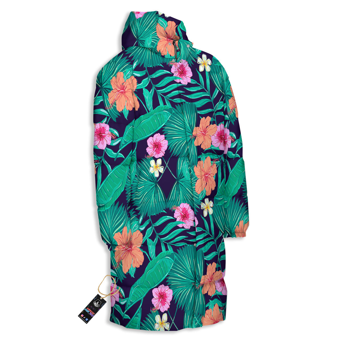 Hibiscus Leaves Tropical Print Pattern Long Down Jacket-grizzshop