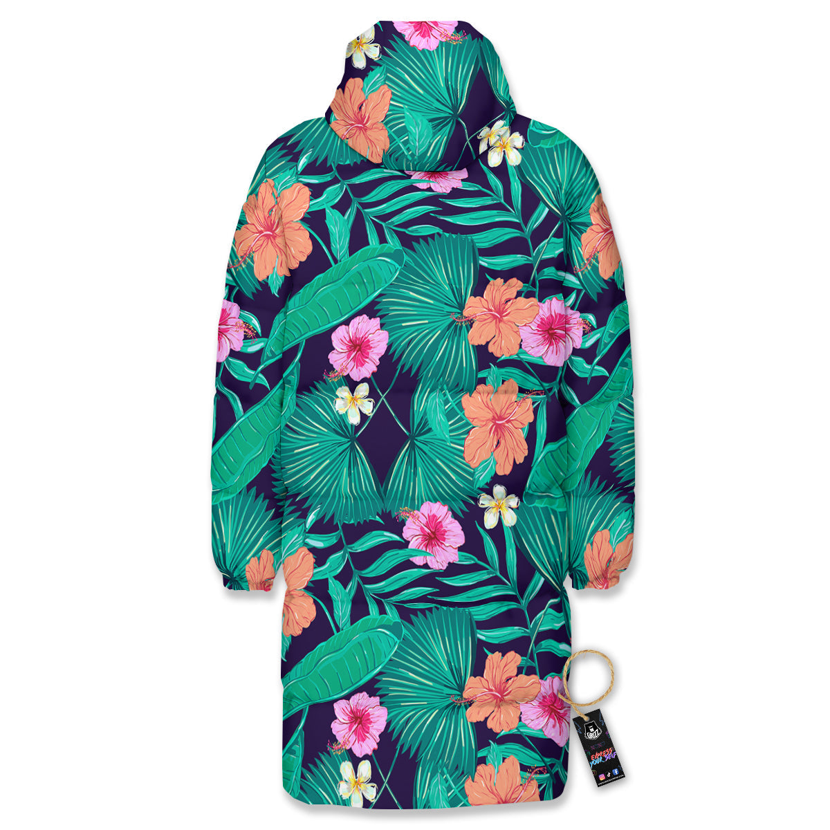 Hibiscus Leaves Tropical Print Pattern Long Down Jacket-grizzshop