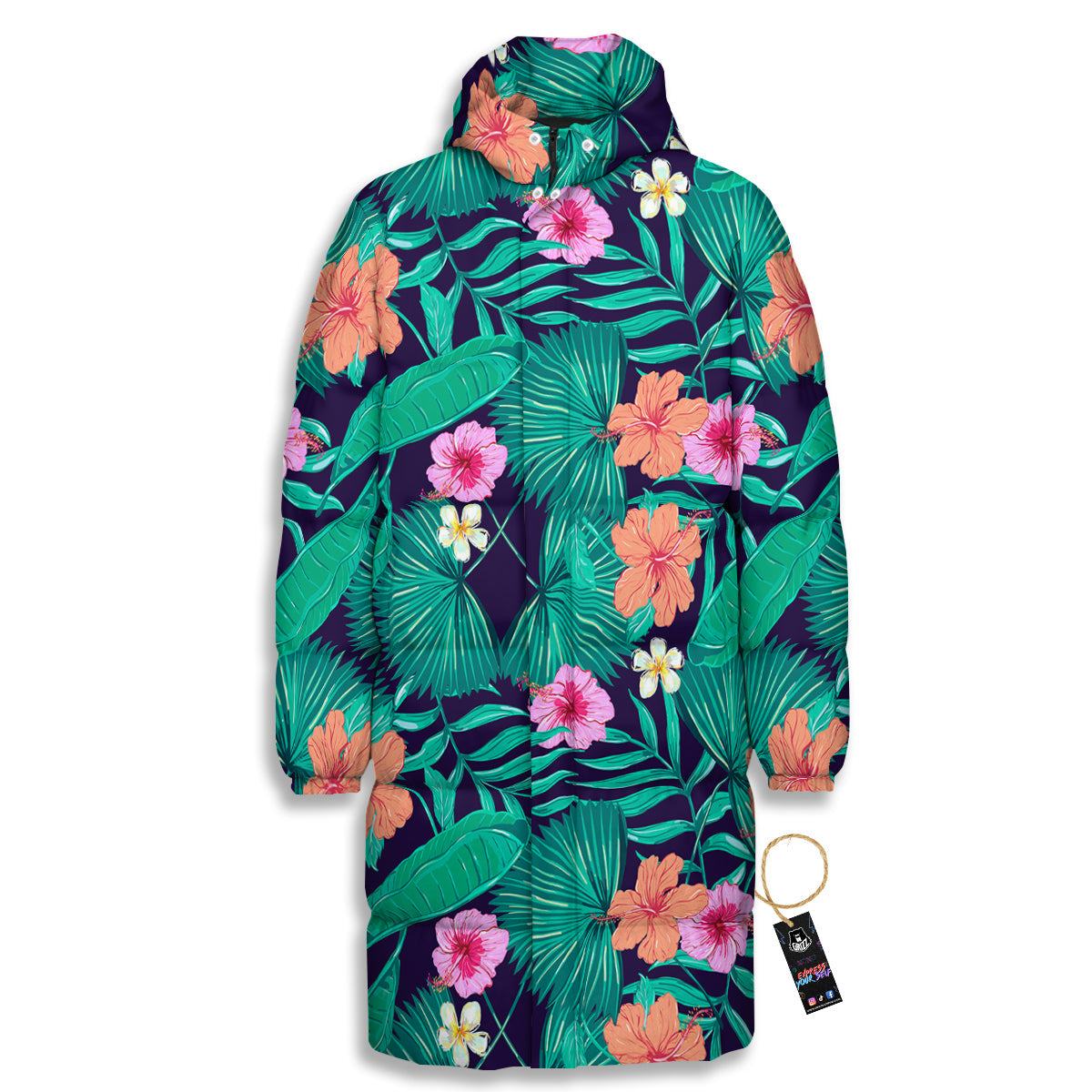Hibiscus Leaves Tropical Print Pattern Long Down Jacket-grizzshop