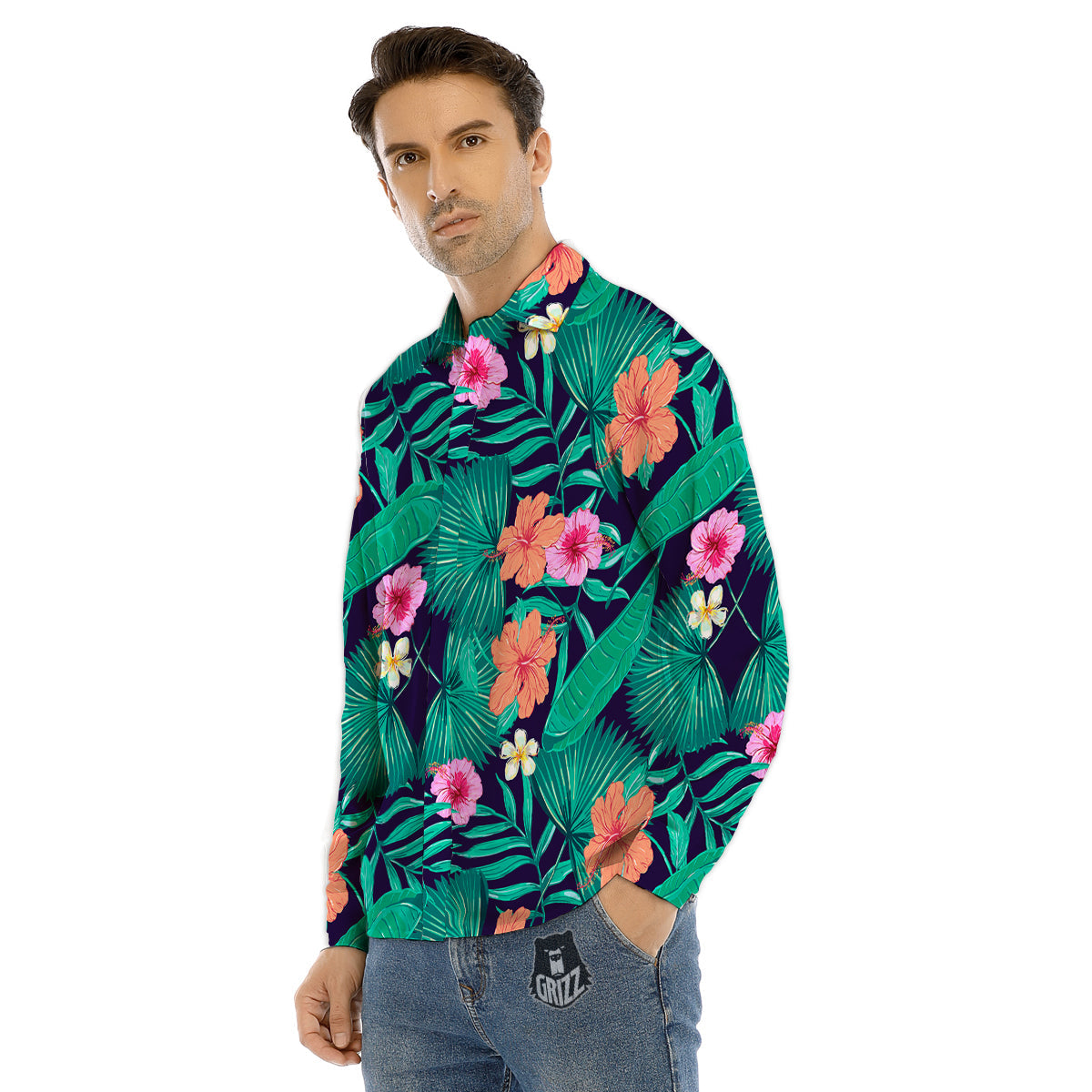 Hibiscus Leaves Tropical Print Pattern Men's Dress Shirts-grizzshop