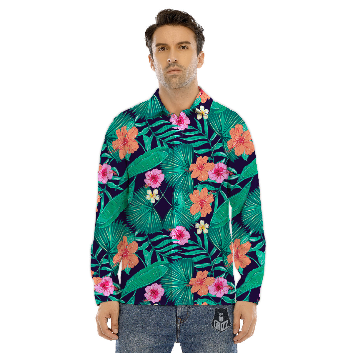 Hibiscus Leaves Tropical Print Pattern Men's Dress Shirts-grizzshop