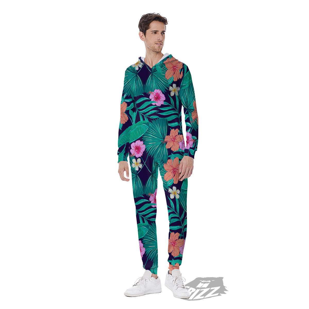 Hibiscus Leaves Tropical Print Pattern Men's Jumpsuit-grizzshop