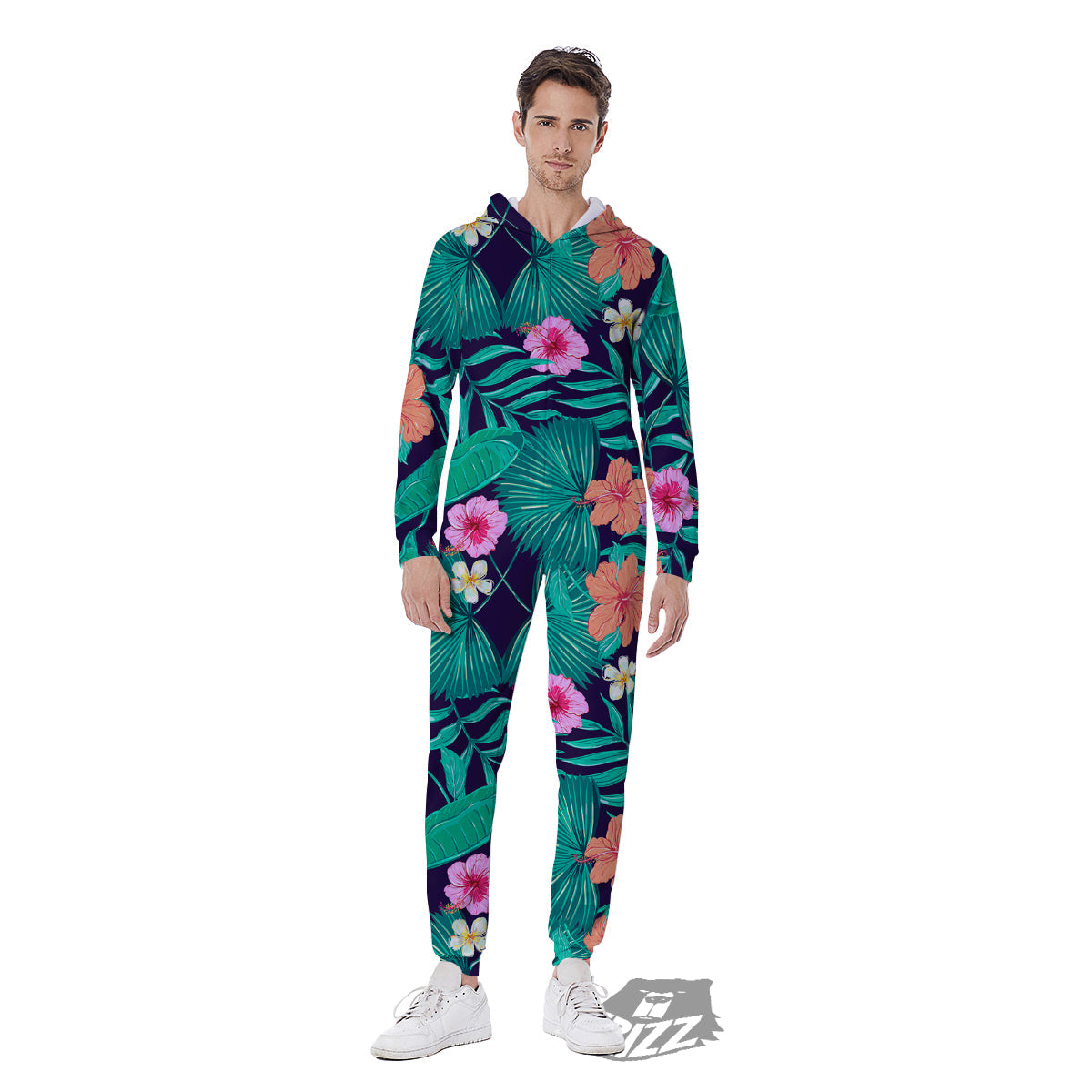 Hibiscus Leaves Tropical Print Pattern Men's Jumpsuit-grizzshop