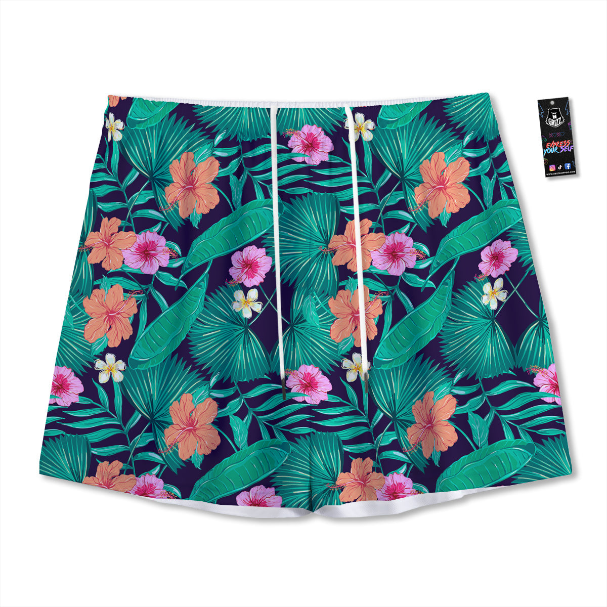 Hibiscus Leaves Tropical Print Pattern Mesh Shorts
