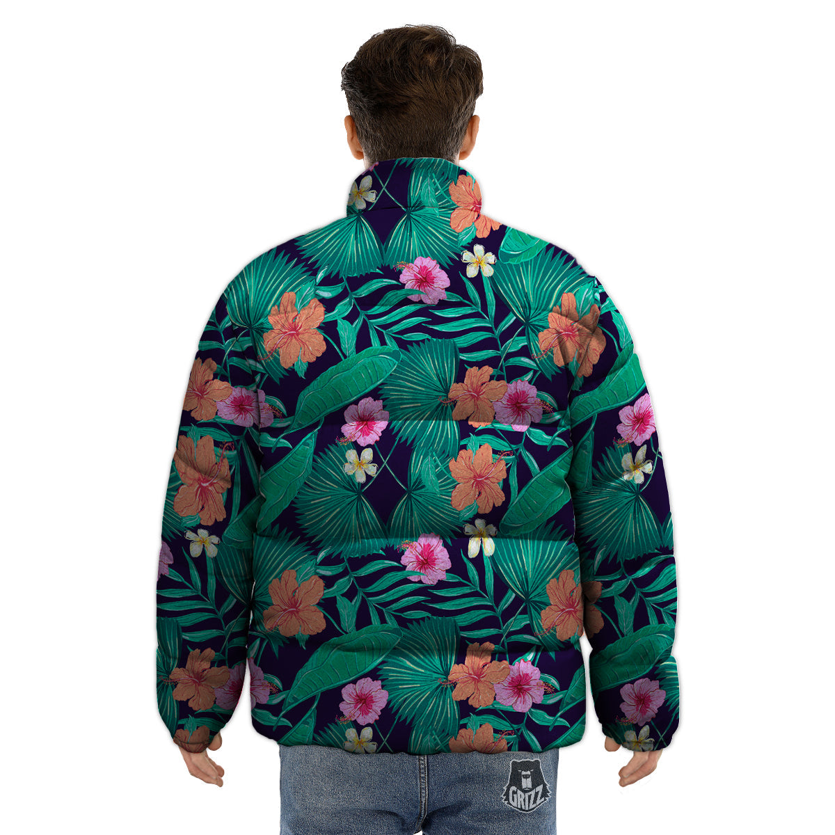 Hibiscus Leaves Tropical Print Pattern Puffer Jacket-grizzshop
