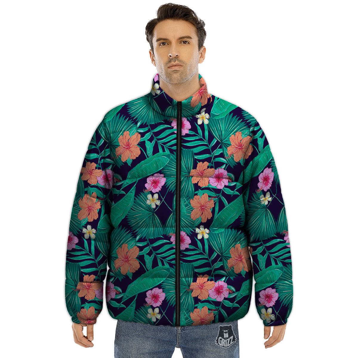 Hibiscus Leaves Tropical Print Pattern Puffer Jacket-grizzshop