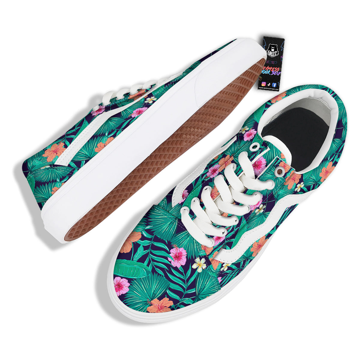 Hibiscus Leaves Tropical Print Pattern Skate Shoes-grizzshop
