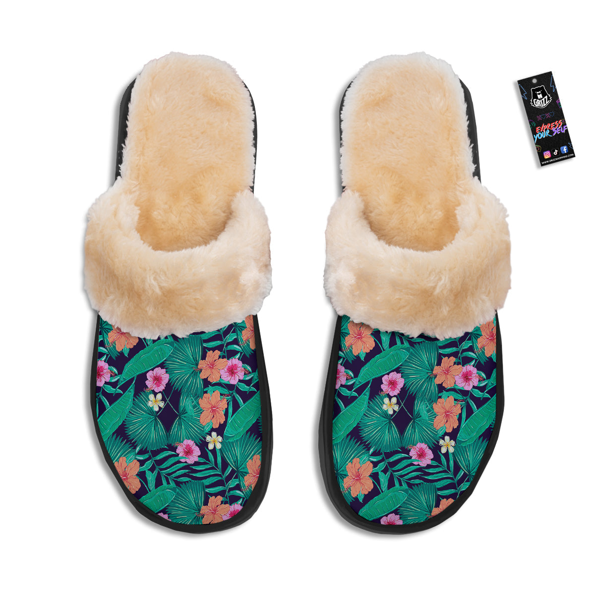 Hibiscus Leaves Tropical Print Pattern Slippers-grizzshop