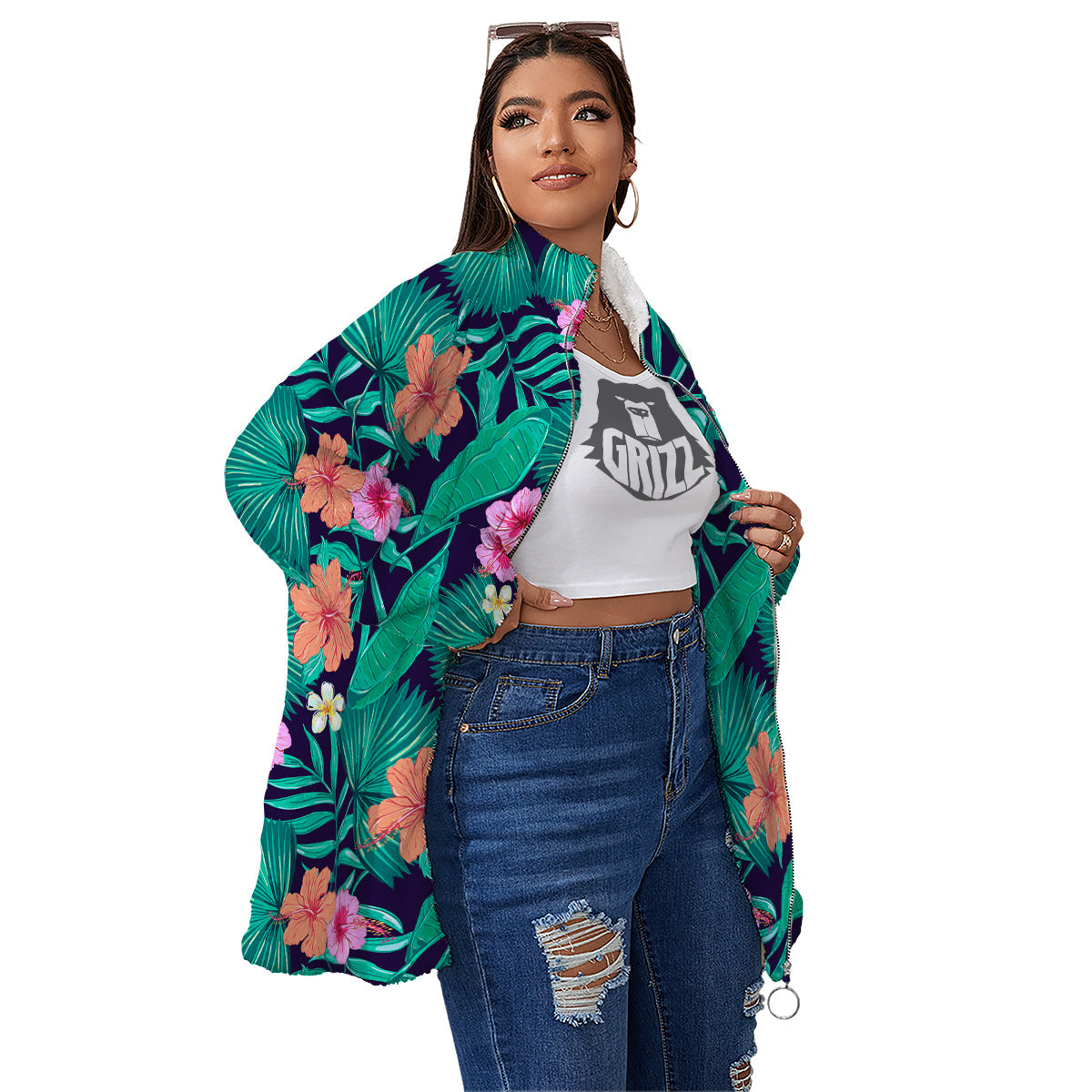Hibiscus Leaves Tropical Print Pattern Women's Sherpa Jacket-grizzshop