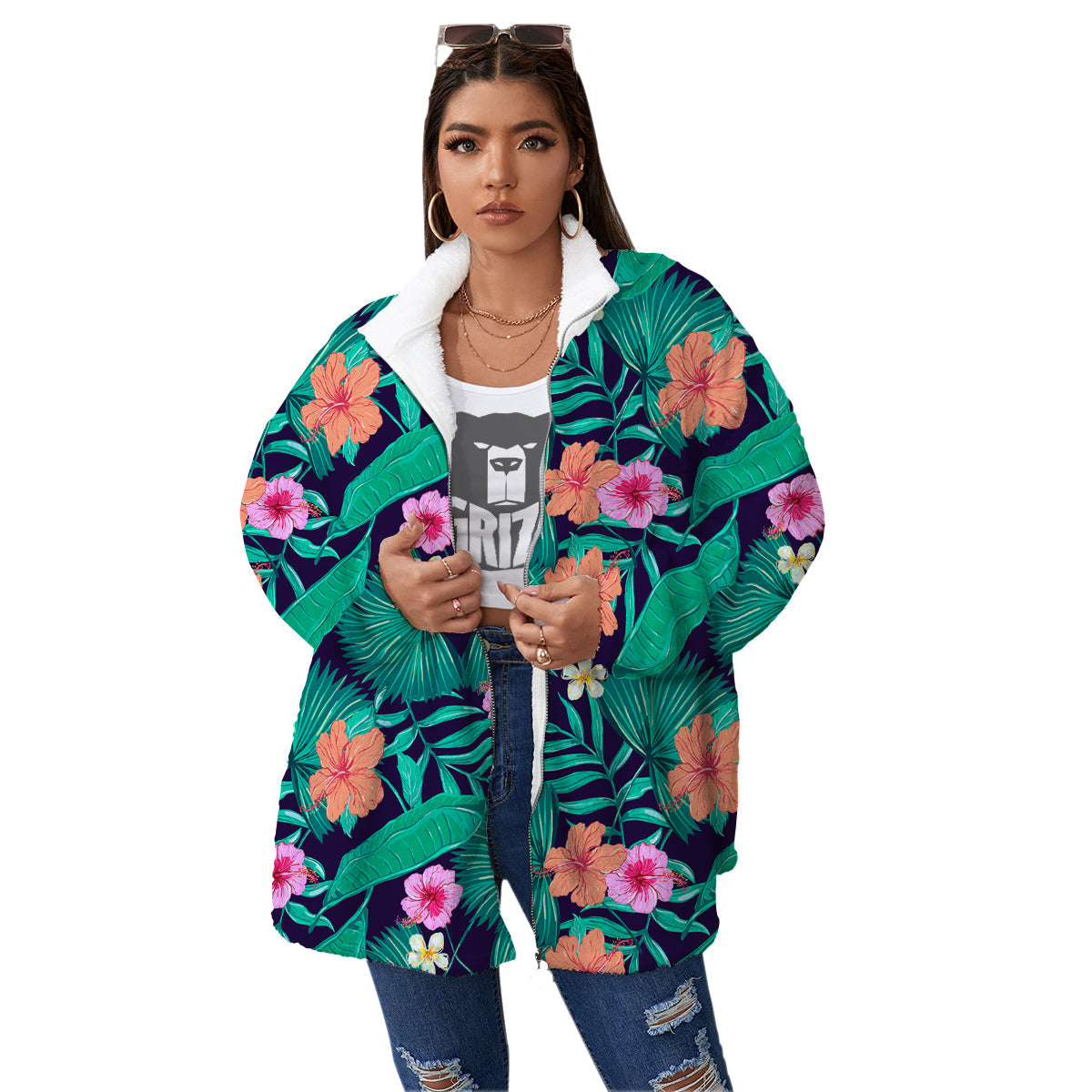 Hibiscus Leaves Tropical Print Pattern Women's Sherpa Jacket-grizzshop