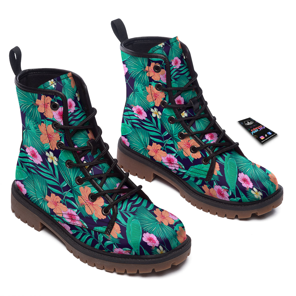 Hibiscus Leaves Tropical Print Pattern Work Boots-grizzshop