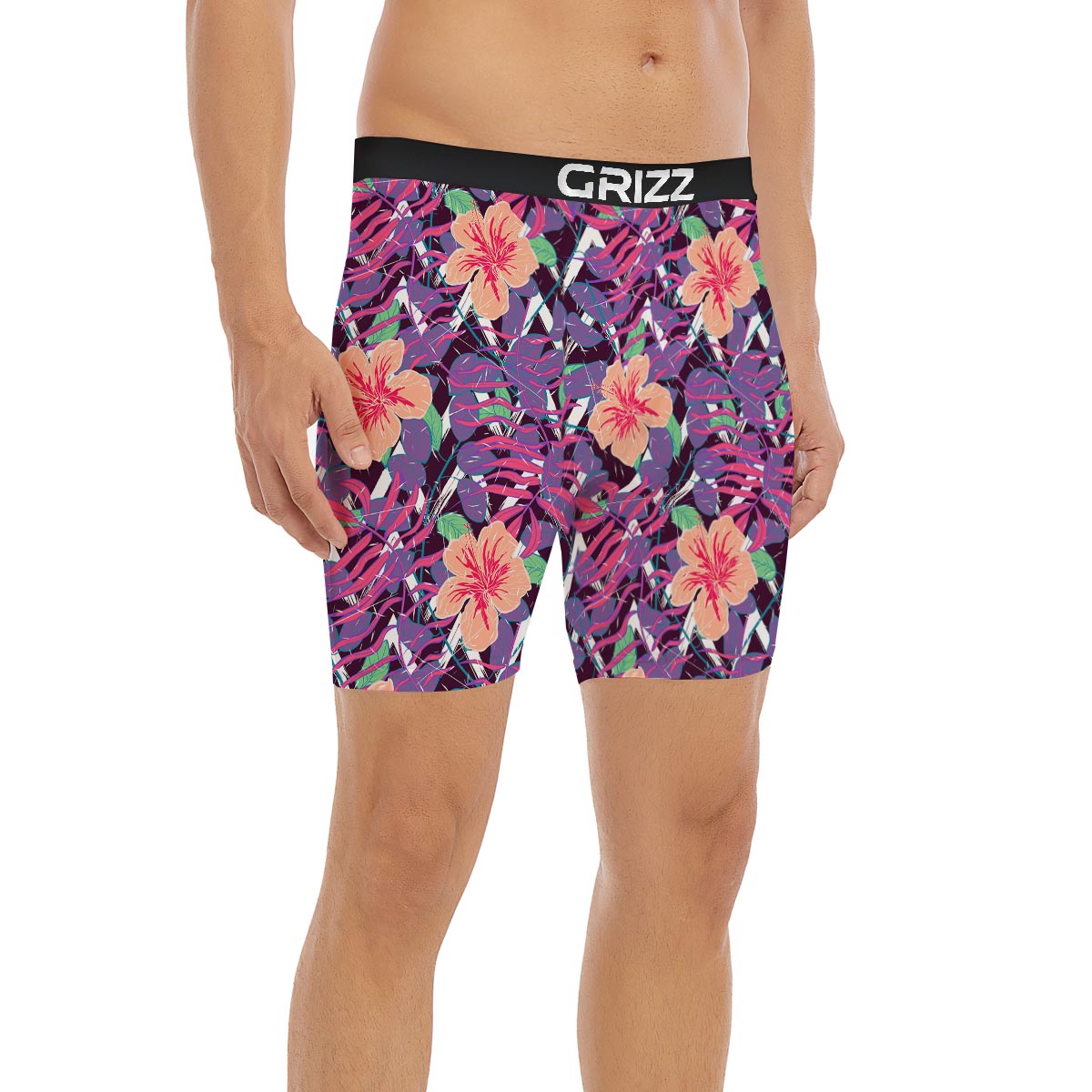Hibiscus Purple Tropical Print Pattern Boxer Briefs-grizzshop