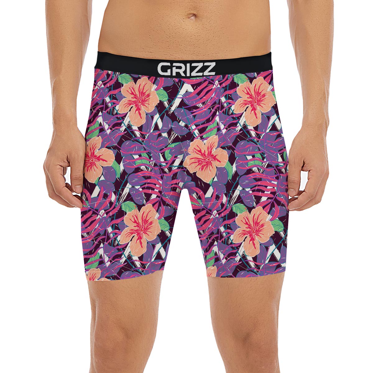 Hibiscus Purple Tropical Print Pattern Boxer Briefs-grizzshop