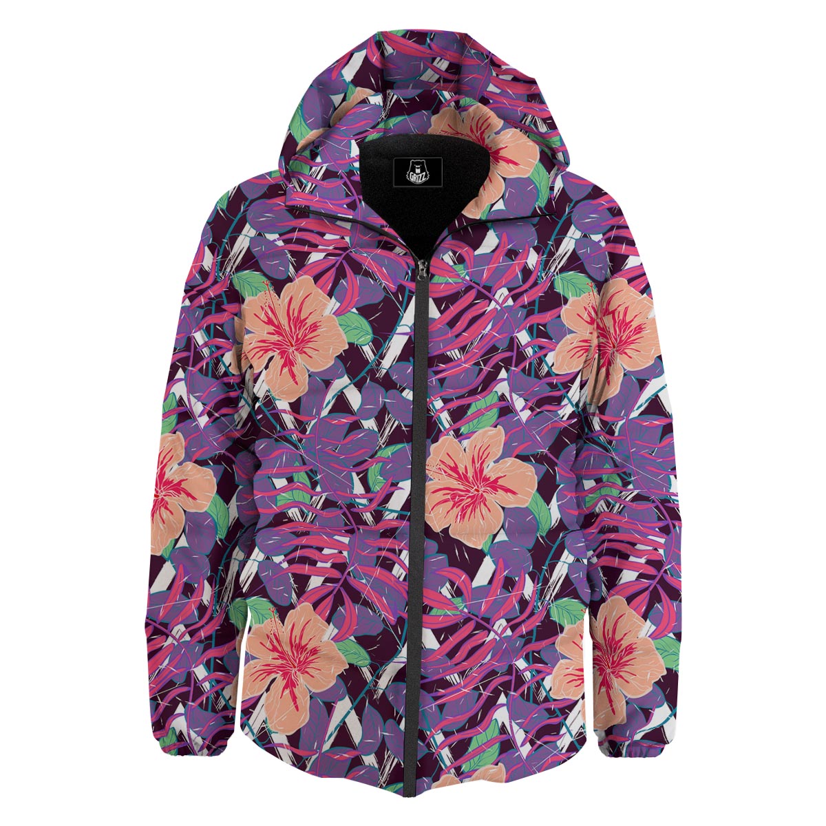 Hibiscus Purple Tropical Print Pattern Down Jacket-grizzshop