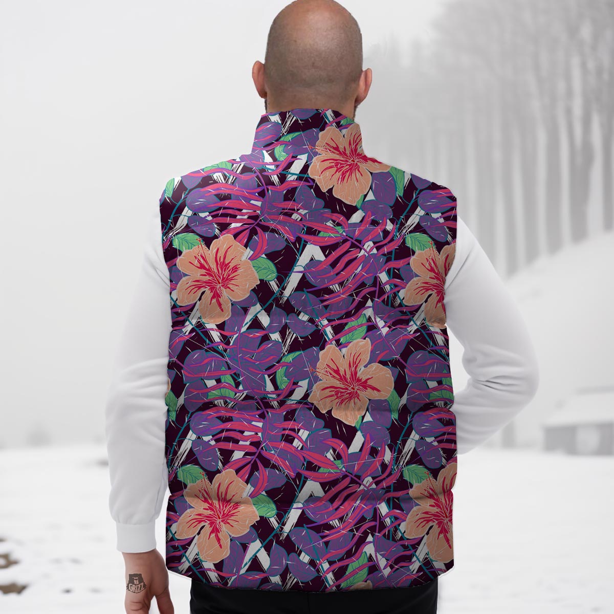 Hibiscus Purple Tropical Print Pattern Down Vest