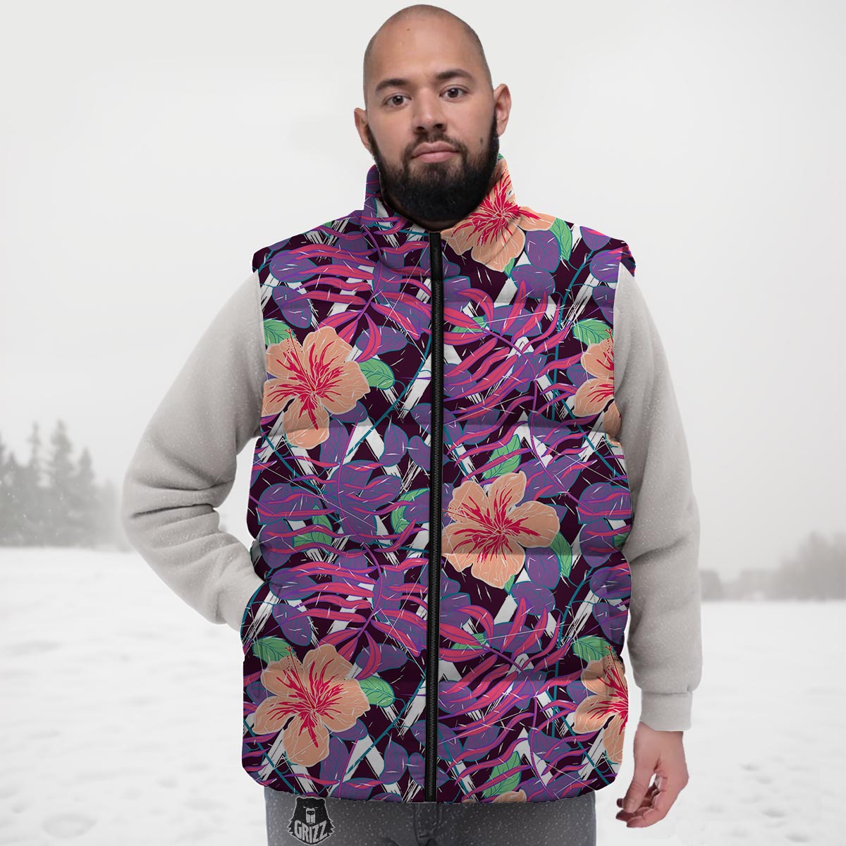 Hibiscus Purple Tropical Print Pattern Down Vest