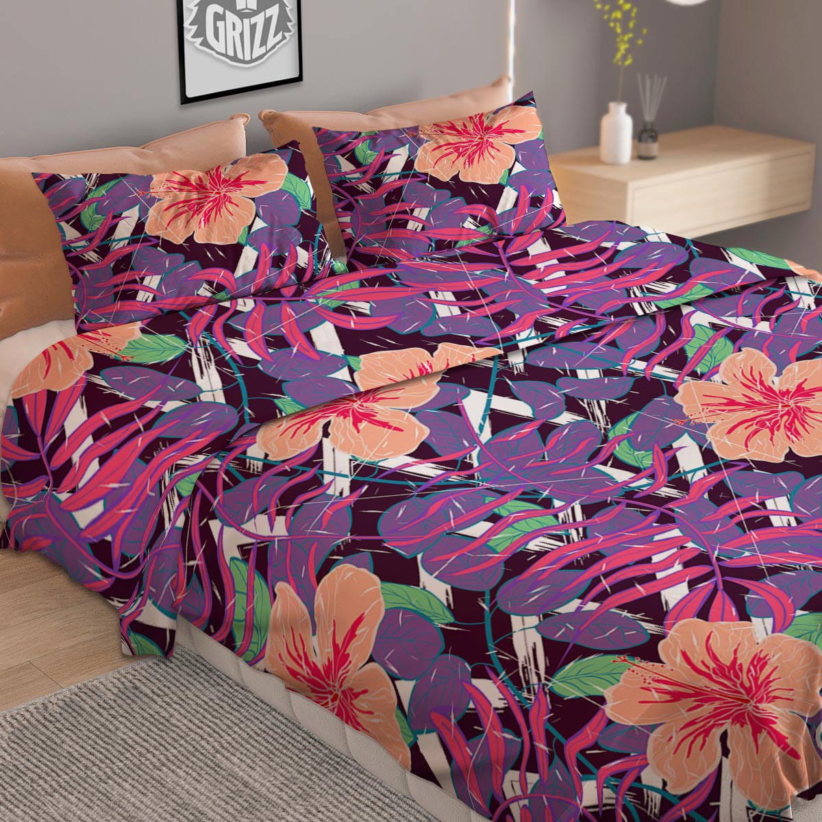 Hibiscus Purple Tropical Print Pattern Duvet Cover Bedding Set